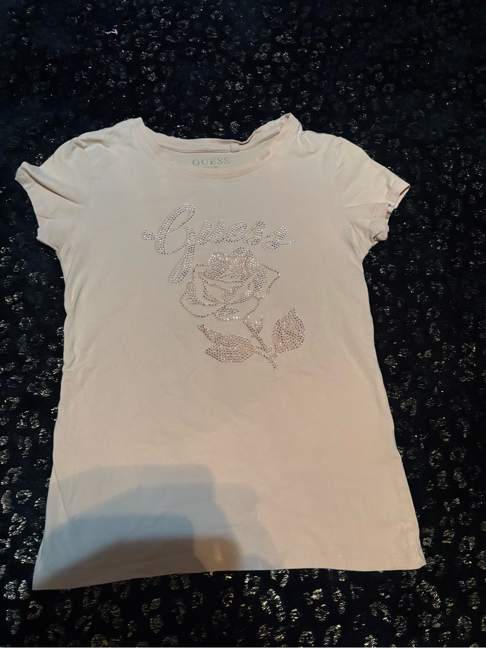 GUESS Womens Y2K Light Rhinestone Embellished Rose Streetwear Tee